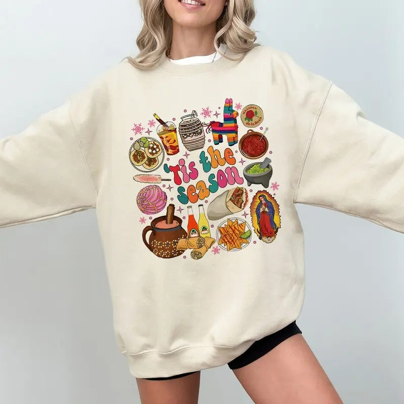 Christmas Tis The Season Sweatshirt, Mexican Christmas Hoodie, Spanish Christmas Sweater, Tamale Tumbler and Belt Bags Pan Dulce Crew Neck Shirt, Cafecito Y Chisme Womenswear Tee