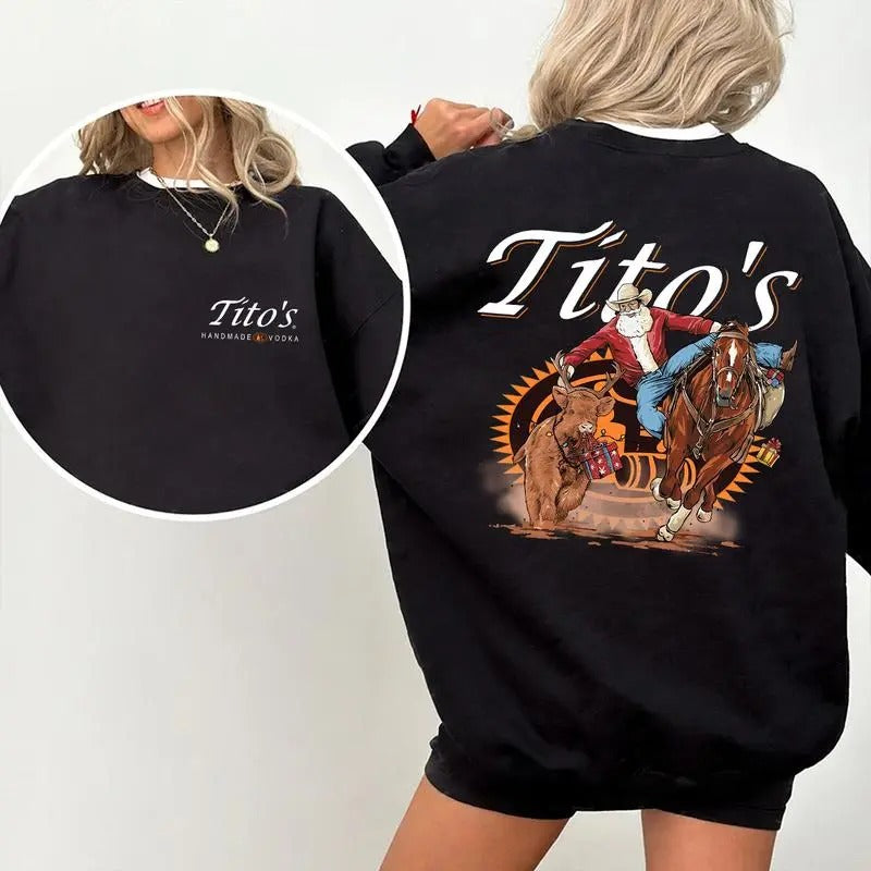 Christmas Tito's Handmade Vodka Santa Cow boy Wine Lovers 2 sides Sweatshirt