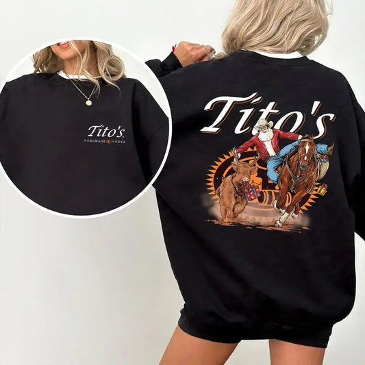 Christmas Tito's Handmade Vodka Santa Cow boy Wine Lovers 2 sides Sweatshirt