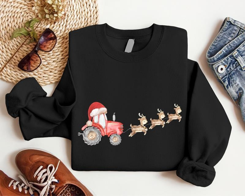 Christmas Tractor Sweatshirt, Reindeer Watercolor Hoodie, Christmas Gift Sweatshirt For Farmer, Christmas Holiday Hoodie, Farm Christmas Sweatshirt.