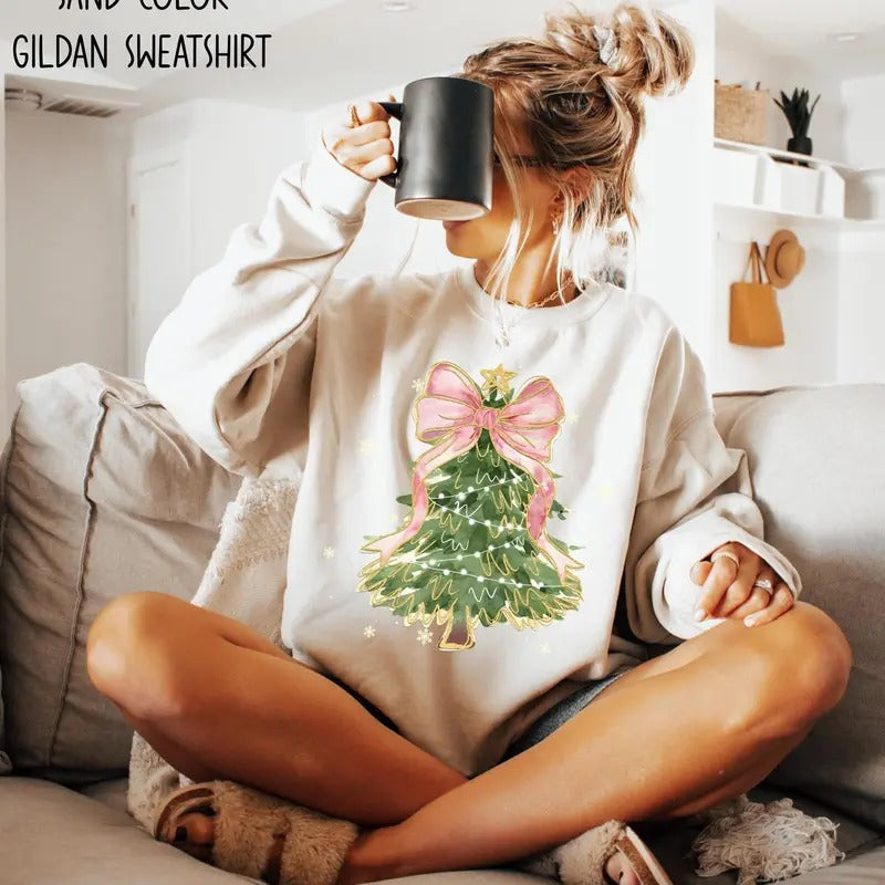Christmas Tree Bow Shirt, Christmas Sweatshirt T-shirt Hoodie for Women, Christmas Tree Tshirt, Christmas Coquette...