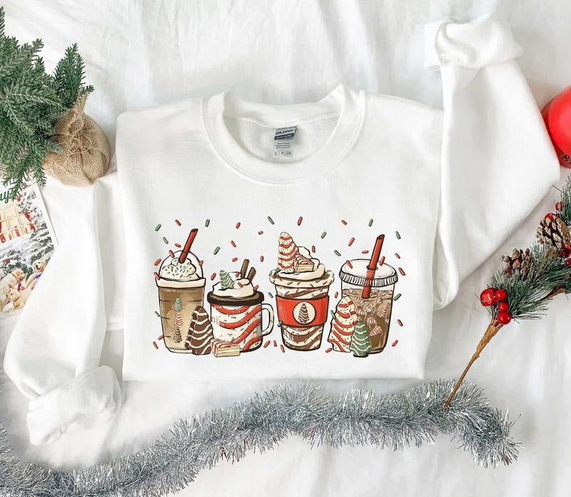 Christmas Tree Cake Coffee Hoodie, Christmas Coffee Lover Sweatshirt, Women Sweatshirt, Gift For Women, Peppermint Iced...