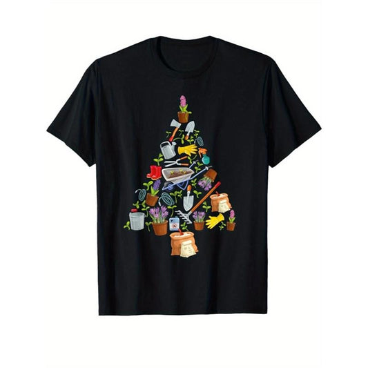 Christmas Tree Print Men's Cotton T-shirt, Graphic Tee Men's Xmas Outdoor Clothes, Men's Clothing, Casual Short Sleeve Crew Neck T-shirt, Tops For Men, Gift For Men made in usastyle{n002}4