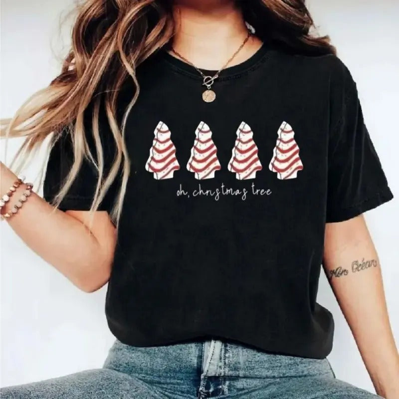 Christmas Tree Print Round Neck Tee, Christmas T Shirt, Casual Short Sleeve Crew Neck T Shirt For Daily Wear, Unisex Short Sleeve Tee Cotton Top