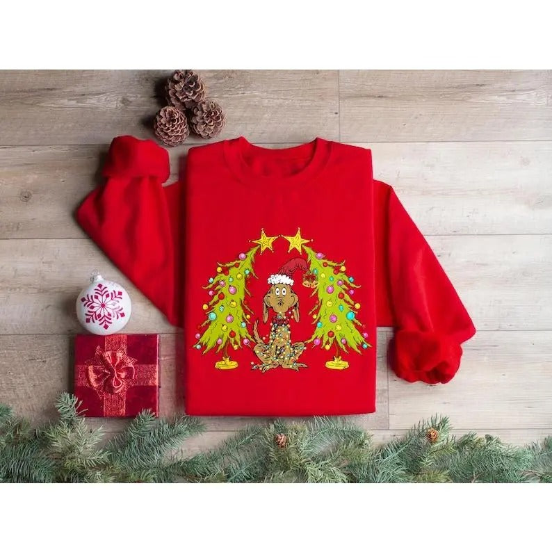 Christmas Tree Shirt, With Dog Max Whoooooville Tree Sweatshirt, Whiiiiimsical Green Star Tree, Trendy Dog Christmas Tree...
