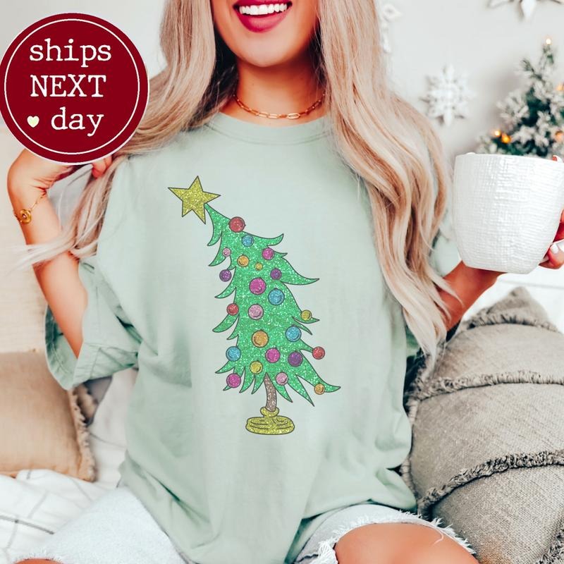 Christmas Tree T-Shirt Whimsical Holiday Tshirt Snow Faux Tee Bright Tree T-Shirt Christmas Lights Tshirt Santa Claus Tee...