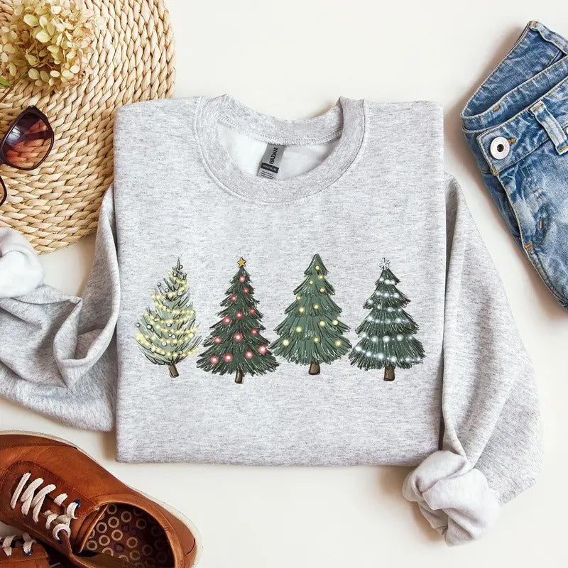 Christmas Trees, Winter, Snow, Santa Sweatshirt, Women's Crew Neck, Crewneck T-Shirts, Hoodie | DripVista.com