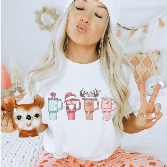 Christmas Tumbler T-Shirt Xmas Cups Tshirt Holiday Fun Tee Tumbler Cup T-Shirt Hot Coco Tshirt Top Womenswear