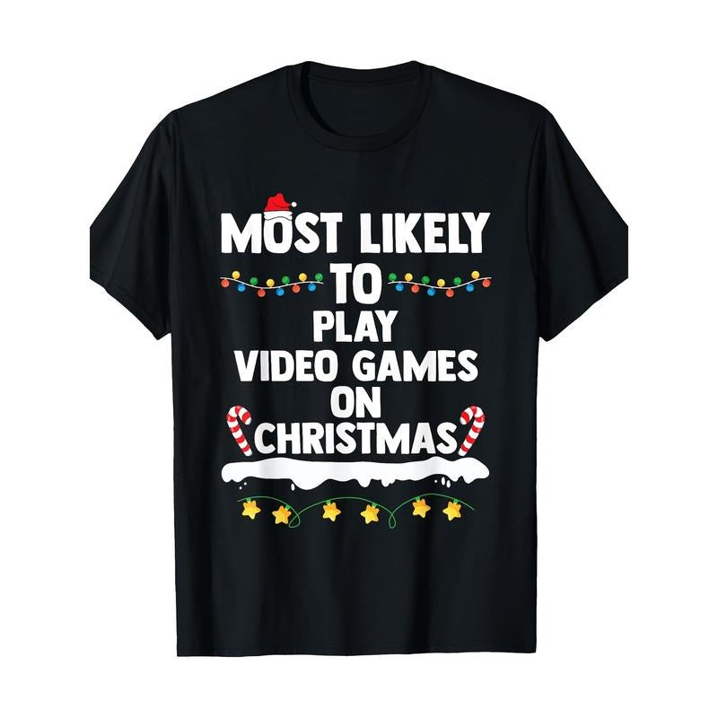 Christmas Video Game Fun T-Shirt, 100% Cotton, Crew Neck, Short Sleeve, Regular Fit, with Geometric Pattern, Slight Stretch, Knit Fabric,for Casual Weekend Wear Made in USA