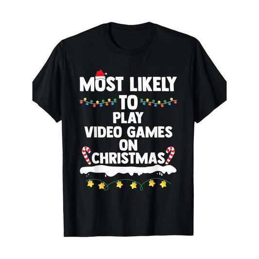 Christmas Video Game Fun T-Shirt, 100% Cotton, Crew Neck, Short Sleeve, Regular Fit, with Geometric Pattern, Slight Stretch, Knit Fabric,for Casual Weekend Wear Made in USA
