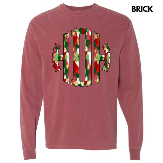 Christmas Watercolor Monogram Long Sleeve Comfort Colors T-Shirt 'NLB'