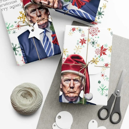 Christmas Wrapping Paper, Merry Christmas Trump Funny Xmas Gift Wrap, Holiday Package Decor, Festive Political Conservative Present Wrap