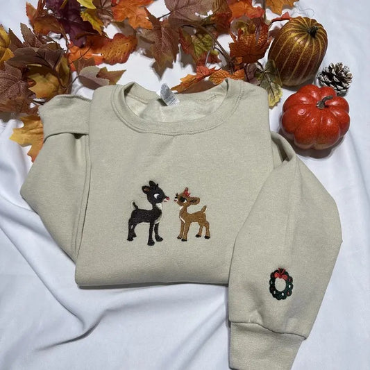 Christmas sweatshirt with wreath embroidered on the sleeve; Christmas embroidered crewneck