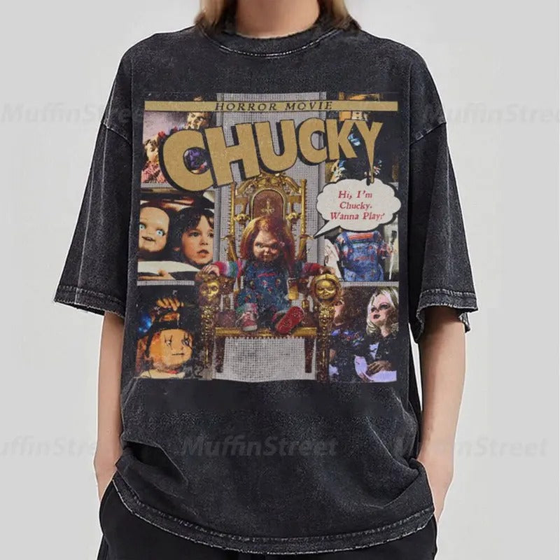 Chucky Vintage Bat brand Shirt, Horror Series Movie Shirt, Retro Spiky hair fighters'WB shield Chucky Horror Character...