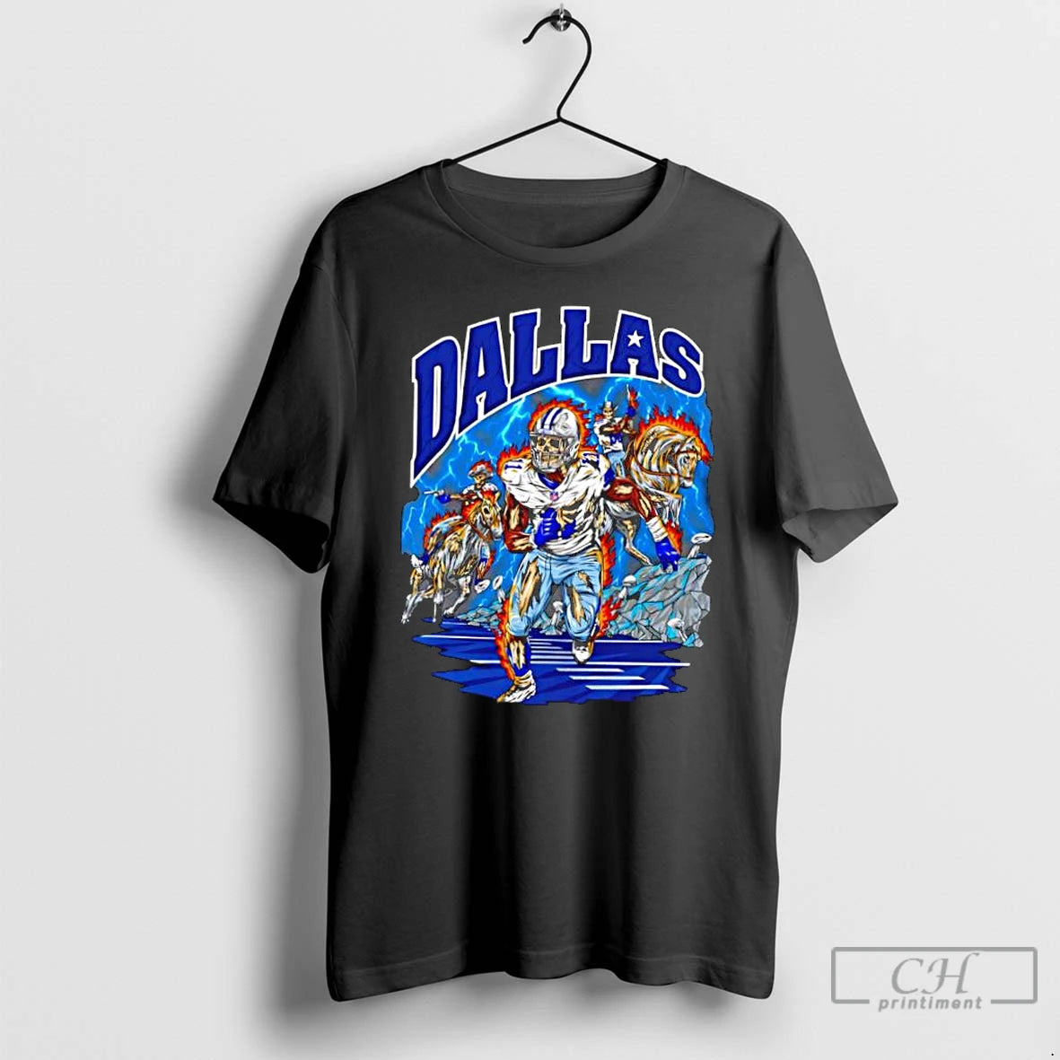 Classic Dallas Cowboys Skeleton Player 1 Running With Cowboys On Fire Horses Under Lightning T-Shirts, Hoodie, Sweatshirt
