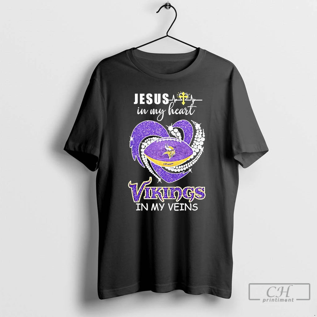 Classic Jesus In My Heart Minnesota Vikings In My Veins T-Shirts, Hoodie, Sweatshirt | DripVista.com
