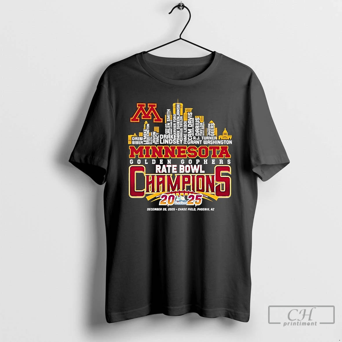 Classic Minnesota Golden Gophers Rate Bowl Champions 2025 Name Players City Skyline T Shirts Sweater Hoodie, Sweatshirt