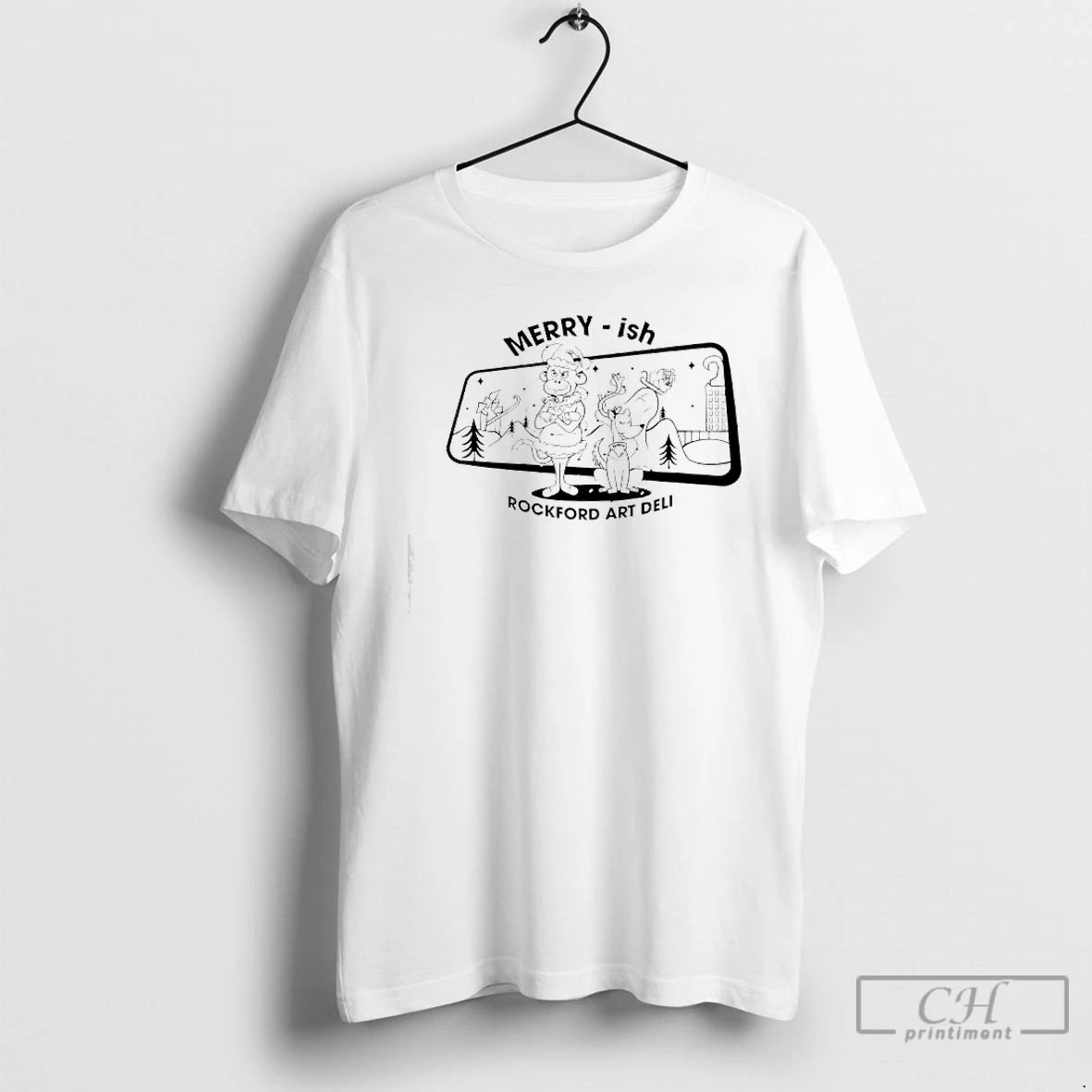Classic Rockford Art Deli Merry Ish Holiday Monkey Dog Graphic T-Shirts, Hoodie, Sweatshirt | DripVista.com