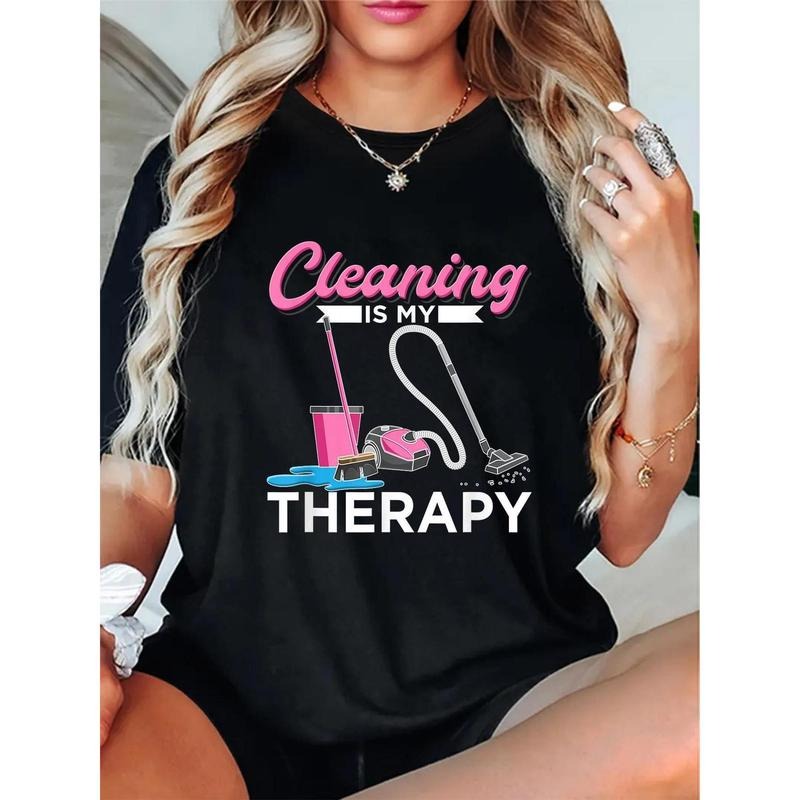 Cleaning Print T-shirt, Casual Short Sleeve Crew Neck Top For Spring & Summer, Women'WB shield Clothing style 02 Hoodie,...