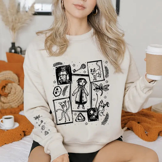 Co.rraline Doll Halloween Sweatshirt, Famous Spooky Movie Halloween Sweatshirt, Halloween Co.ralinee Sweatshirt, Spooky Co.raline Doll Button Eyes Sweatshirt, Vintage Coralinee Film Sweatshirt, Gift for Her