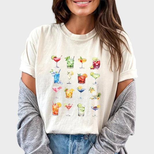 Cocktail Lover Shirt, Cute Cocktail Crewneck Shirt, Holiday Season Printed T-shirt, Drinking Summer Cotton Fabric Outfit, Comfort Shirt Casual Style, Gift For Her, Women's Tops, Womenswear, Comfy Fit Womenswear Chic Style