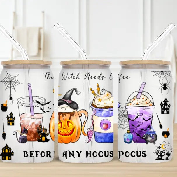 Coffee Before Hocus Pocus 16oz Glass - Decorative Glass with Straw, Featuring Halloween Themes and "BEFORE ANY HOCUS...