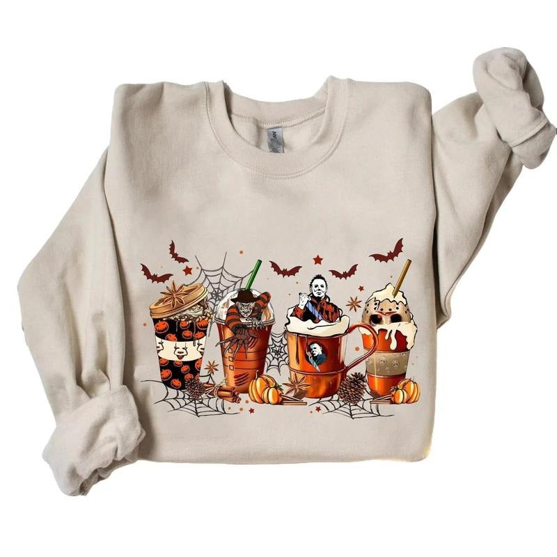 Coffee Horror Movies Halloween Crewneck Sweatshirt Hoodie Tshirt, Halloween 2024 Gifts | DripVista.com