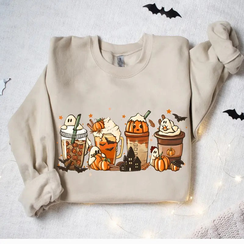 Coffee Pumpkin Halloween Crewneck Sweatshirt Hoodie Tshirt, Halloween 2024 Gifts | DripVista.com