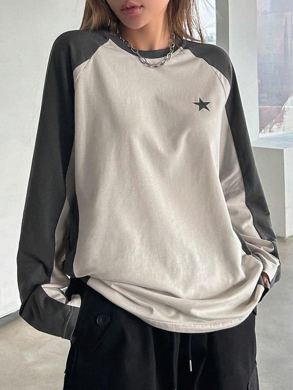 Color Block Crew Neck Star Graphic Raglan Shirt Loose Long Sleeve Tee Top Hoodie, Sweatshirt | DripVista.com