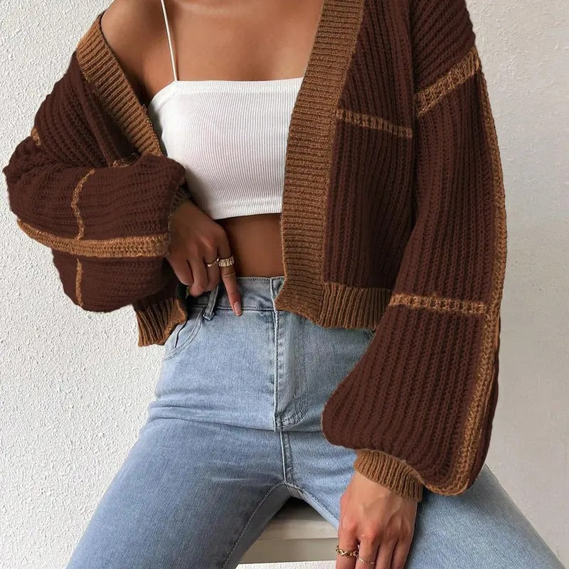 Color Block Crop Cardigan Top Bishop Long Sleeve Open Front Sweater T-Shirts, Hoodie, Sweatshirt | DripVista.com
