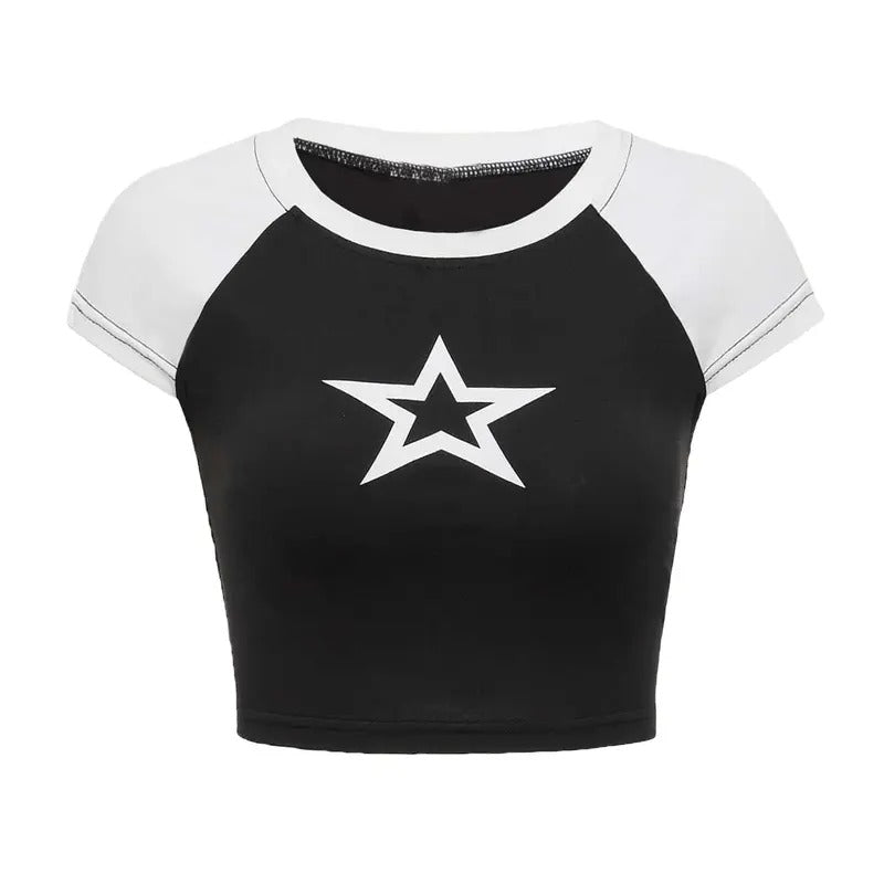 Color Block Star Print Short Sleeve Crop Tops Slim Fit Tee T Shirts Hoodie, Sweatshirt | DripVista.com