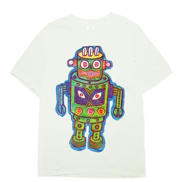 Color Robot Woodcut Printed Tshirt for Men's Wear Cotton Menswear Shortsleeve