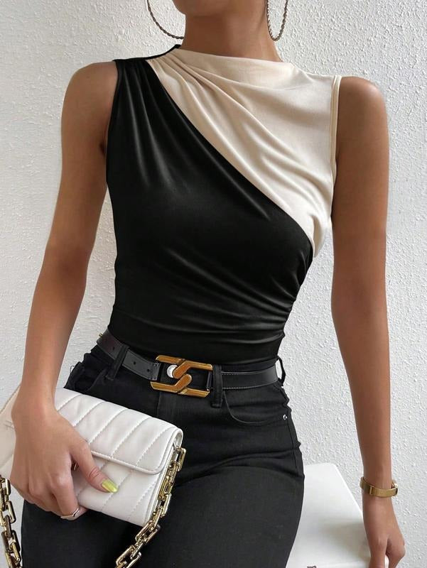 Colorblock Ruched Mock Neck Tank Top Sleeveless Slim Fit Work Shirt TopsY2K Hoodie, Sweatshirt | DripVista.com