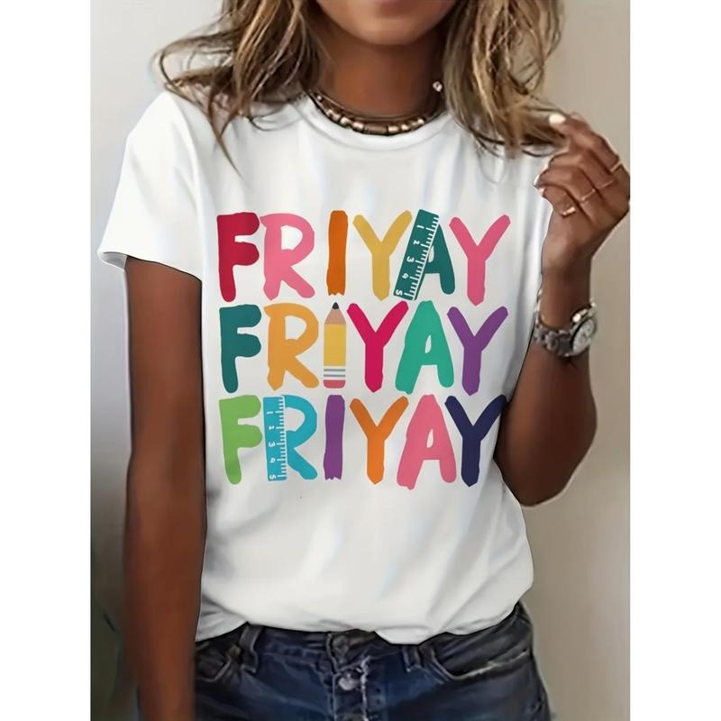 Colorful "FRIDAY" Letter Print T-Shirt for Women - Fun Casual Round Neck Tee - FOG Blend Fabric - Perfect for Casual Attire