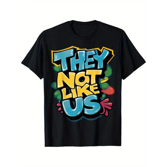 Colorful "They Not Like Us" Graphic Cotton T-Shirt for Men & Women - Casual Round Neck Tee, Machine Washable, Black with Playful Print Design, Casual Wear | Playful Graphic Tee | Cotton Fabric made in usa