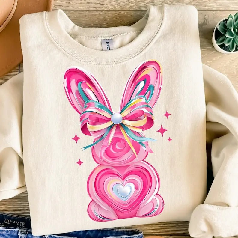 Colorful Brushstroke Bunny Easter Shirt-sweatshirt-hoodie, Easter tshirt, Bunny Bow hoodie, Bunny sweatshirt, Girls Easter sweatshirt, Preppy Easter tshirt