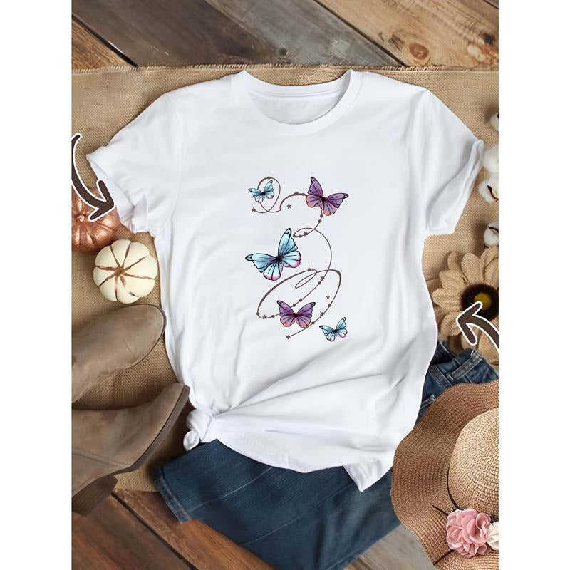 Colorful Butterfly & Print Crew Neck T-shirt, Spring, Summer, Autumn Casual Short-sleeved Crewneck Top, Cotton Women'WB...