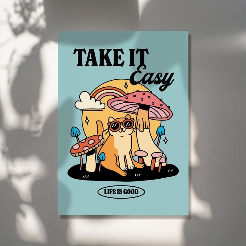 Colorful Cat Mushroom Print, Take It Easy Quote Poster, Blue Retro Groovy Art, Trendy Y2k Poster Prints, Preppy Dorm...