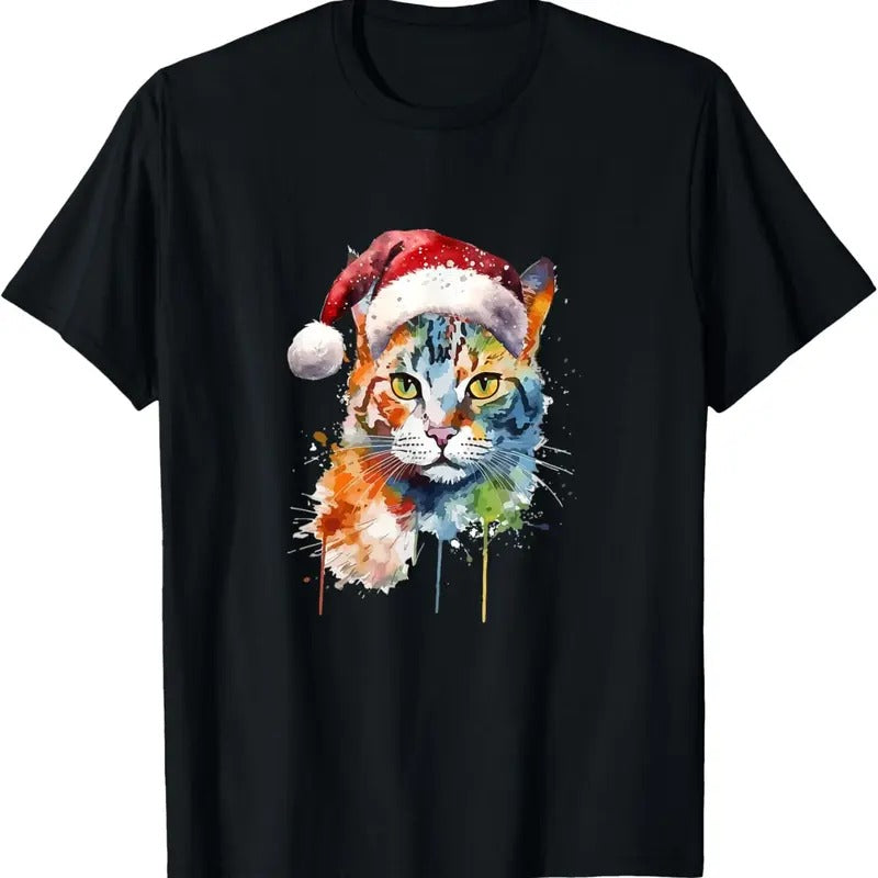 Colorful Cat Wears Santa Hat Kitten Ugly Christmas Pajama T-Shirt