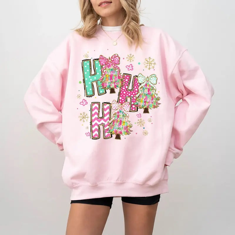 Colorful Coquette Glitter Christmas Tree Sweatshirt, Ho Ho Ho Christmas Tree Girly Sweatshirt, Bright Color Christmas Coquette Bow Dalmatian Dots, Brushstroke Shirt