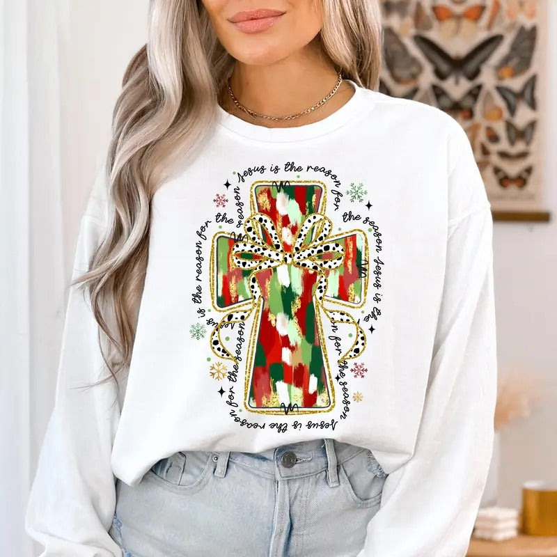 Colorful Coquette Glitter Graphic Printed Jesus Cross Sweatshirt, Jesus is The Reason Christmas Coquette Bow Dalmatian,...
