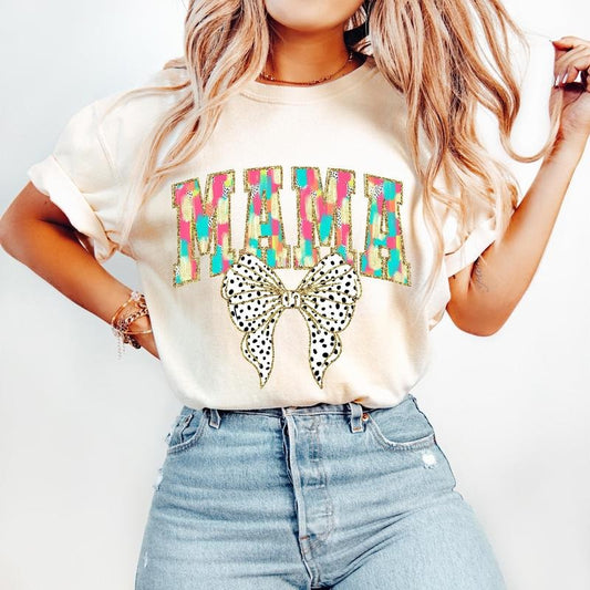 Colorful Coquette Mama T-Shirt, Gift for Mom, Bright Color Mama Coquette Bow Dalmatian Dots, brushstroke, Mama Varsity T-Shirt