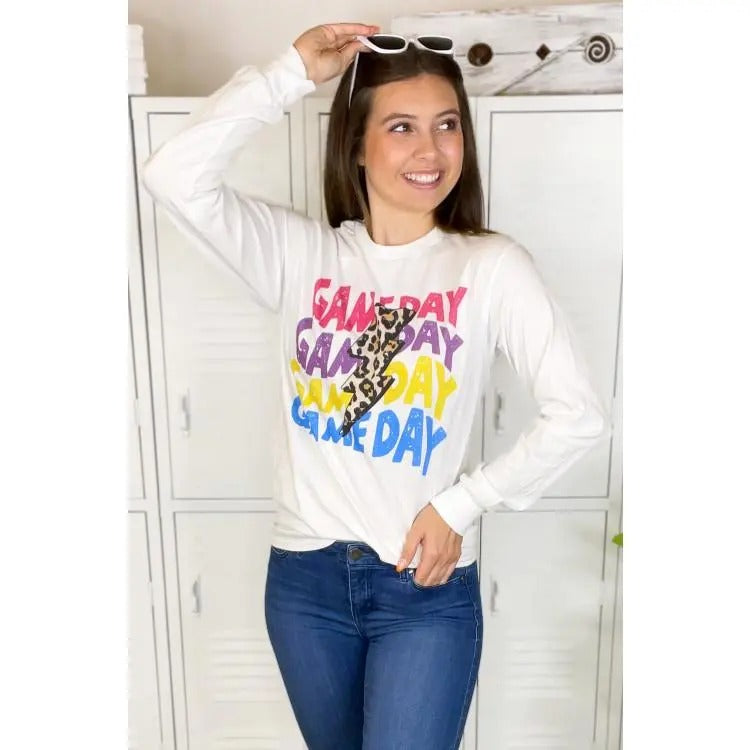 Colorful Game Day Leopard Lightning Bolt Long Sleeve Shirt Hoodie, Sweatshirt | DripVista.com