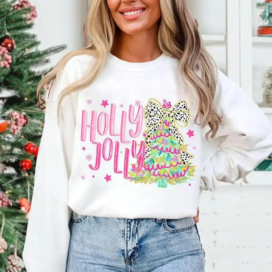 Colorful Glitter Holly Jolly Sweatshirt, Christmas T-Shirt, Glitter Coquette Christmas Tree T-Shirt, Christmas Coquette Sweatshirt