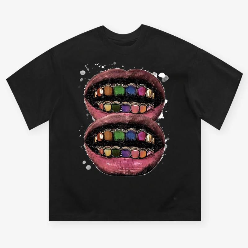 Colorful Grills Art Illustration-style Black T-shirt, Y2k Clothing, Unisex Cotton Crewneck T-Shirt - Medium, Short Sleeve, Casual Streetwear Printed Tee
