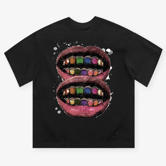 Colorful Grills Art Illustration-style Black T-shirt, Y2k Clothing, Unisex Cotton Crewneck T-Shirt - Medium, Short Sleeve, Casual Streetwear Printed Tee