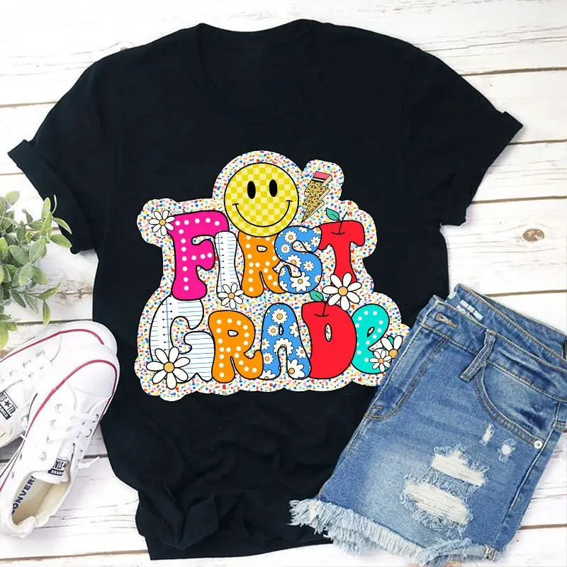 Colorful Polka Dot Cute Letters Teacher T-Shirt Teachers Department, Trending Tees Cotton Casual Crewneck T-Shirt