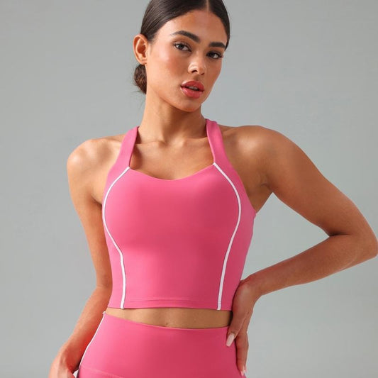Colorfulkoala Women's Dreamlux Racerback Crop Sports Tank Sweetheart Neckline Removable Pads Contrast Stitching Built-in Liner Yoga Set Top