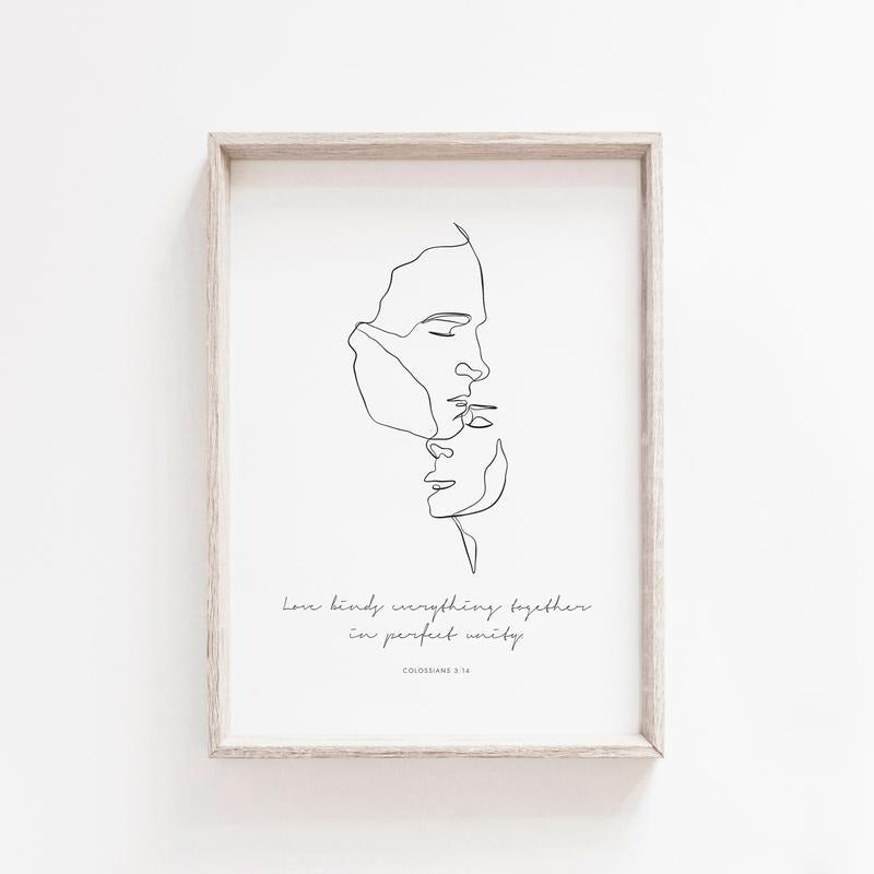 Colossians 3:14 Wall Art, Love Bible Verse Poster For Couple, Christian Wedding Gift, Face Portrait Line Drawing Poster...