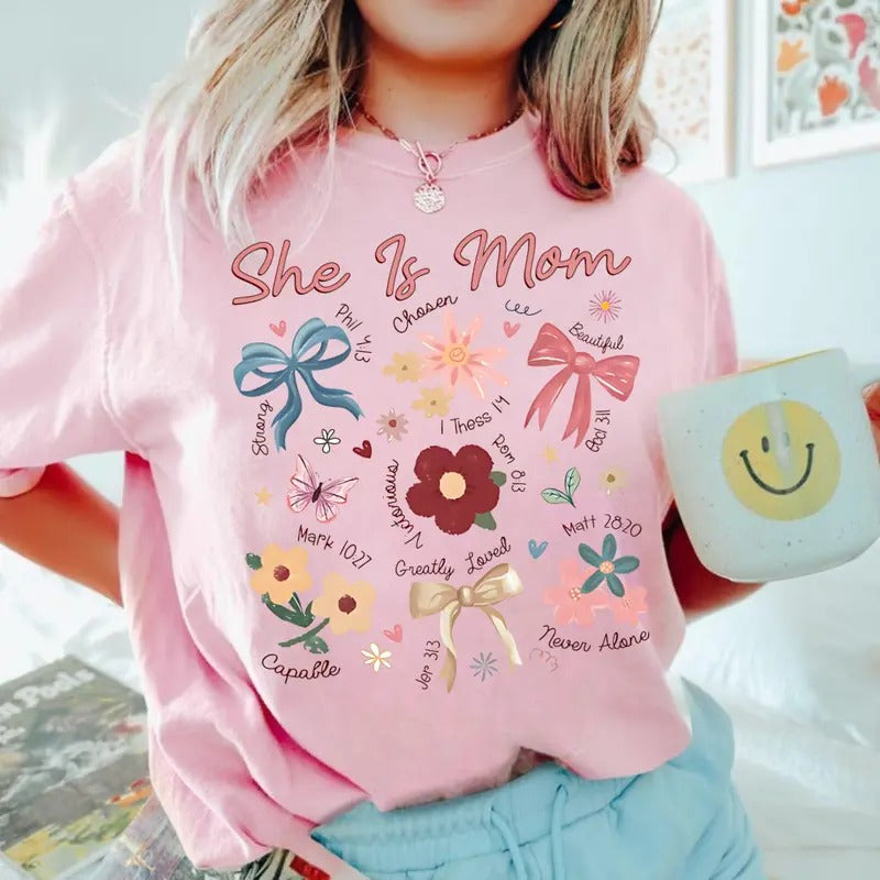 Comfort Color Boho Floral Mama T-shirt, She is Mom Shirt, Mothers Day Tees, Floral Spring T-shirt, Bible Verse Tees, Mama Wildflower Shirt Coquette